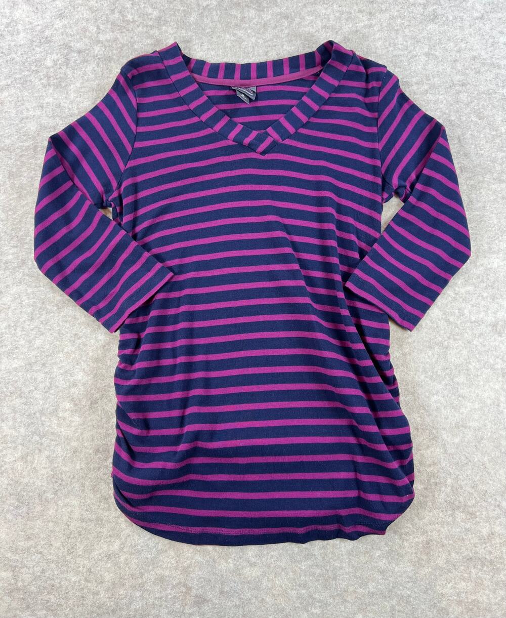Oh Baby by Motherhood Maternity Purple Navy Blue Striped 3/4 Ruched Tshirt M